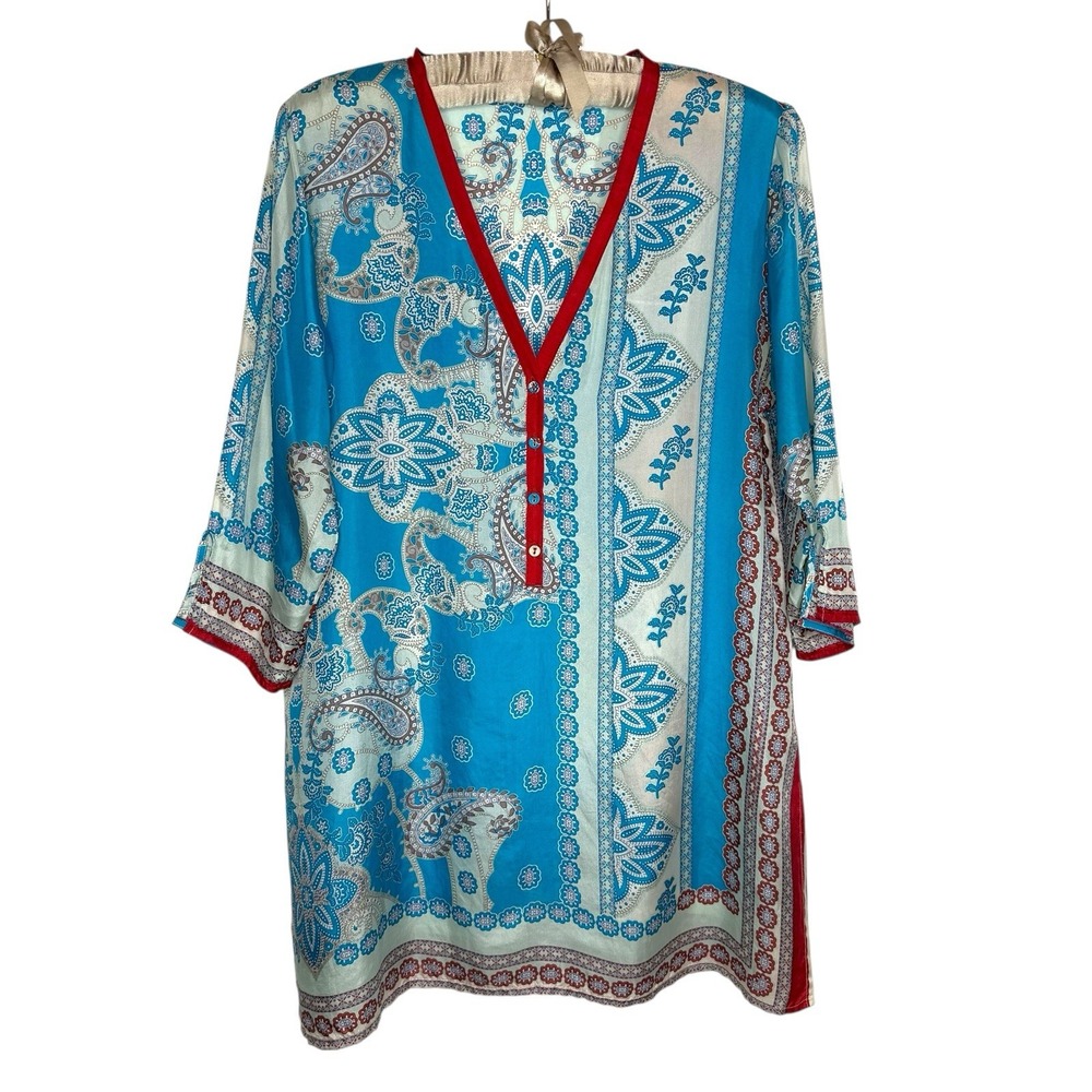 Johnny Was Colorful Boho Floral Paisley Silk Henley Tunic Top Womens Size Small